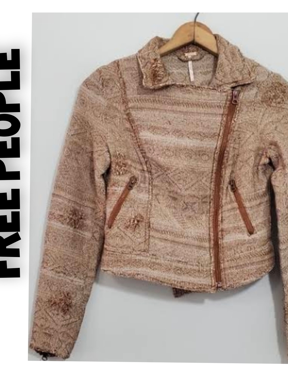 Free People Beige Textured Zip-Up Moto acket Size 12